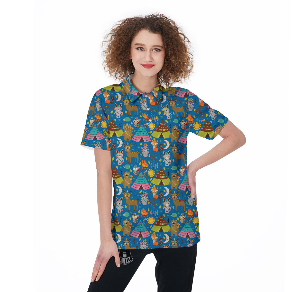 Camping Animal Print Pattern Women's Golf Shirts-grizzshop