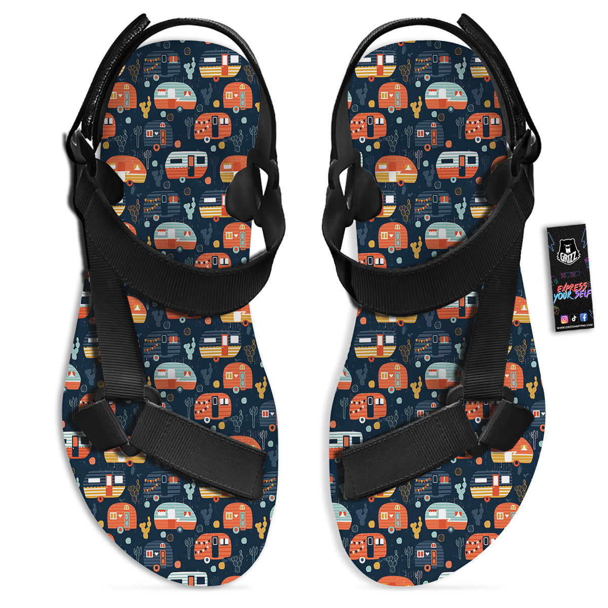Camping Caravan Print Pattern Black Open Toe Sandals-grizzshop