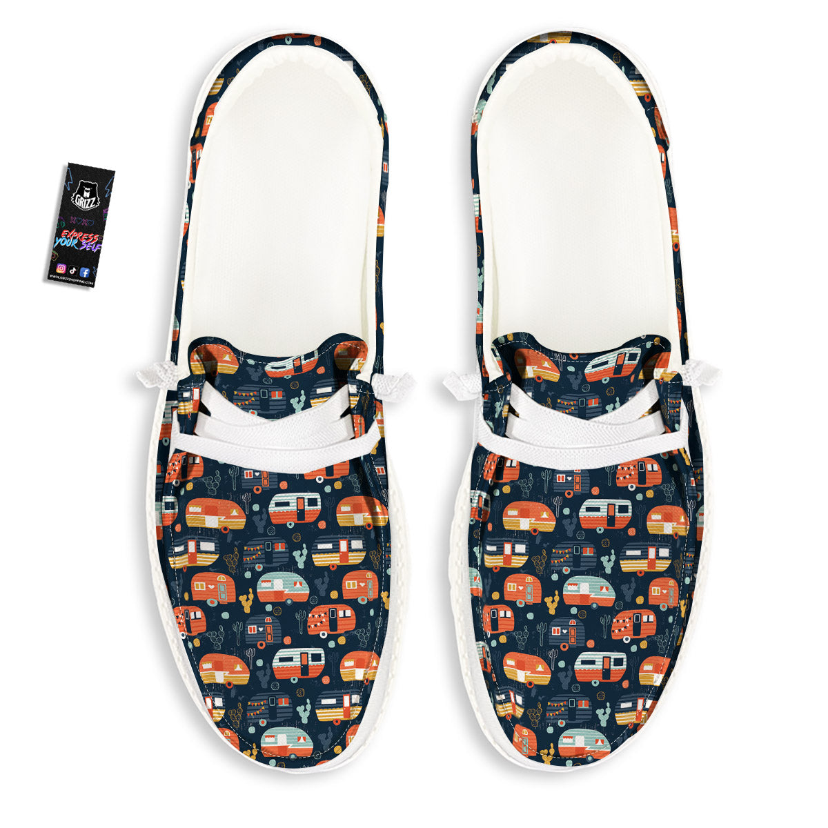 Camping Caravan Print Pattern White Loafers-grizzshop