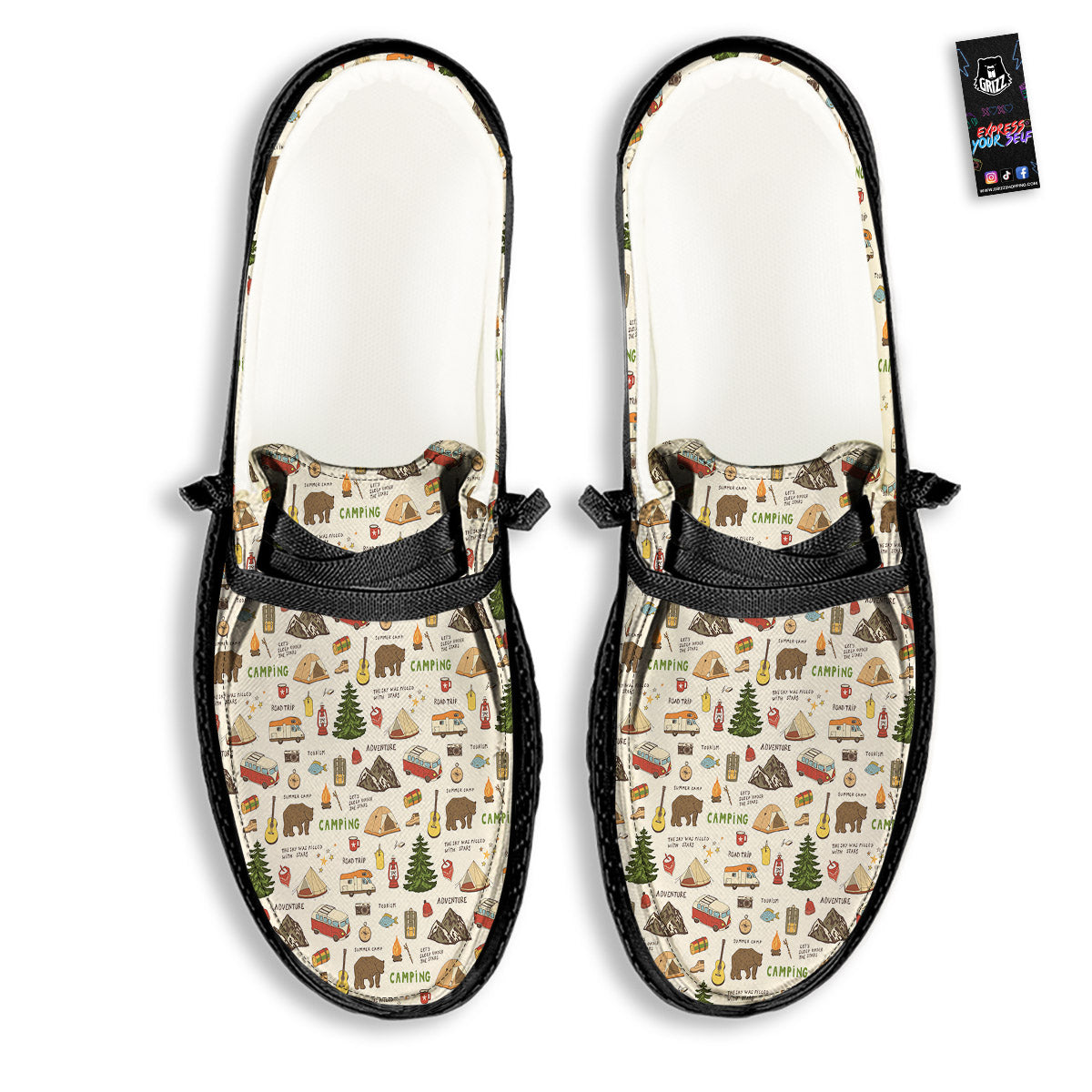 Camping Cartoon Print Pattern Black Loafers-grizzshop