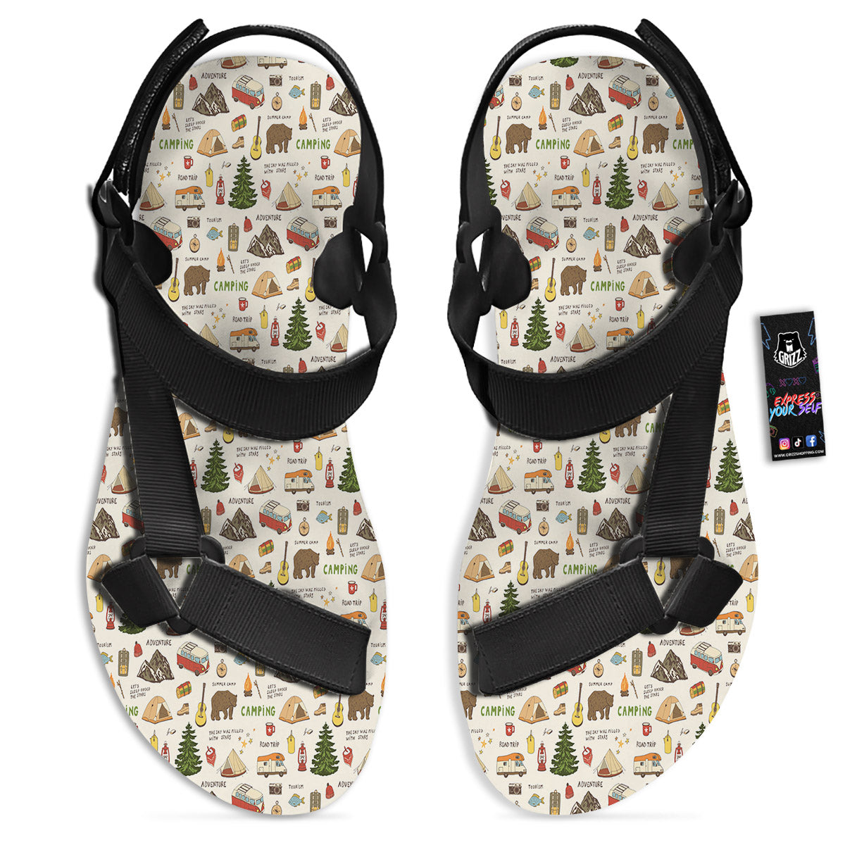 Camping Cartoon Print Pattern Black Open Toe Sandals-grizzshop