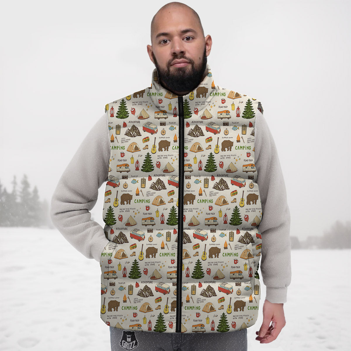Camping Cartoon Print Pattern Down Vest