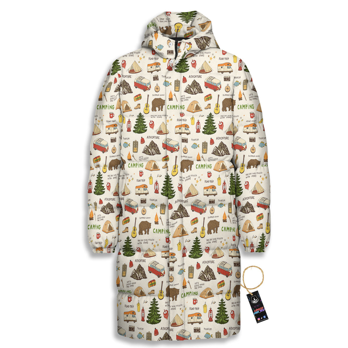 Camping Cartoon Print Pattern Long Down Jacket-grizzshop