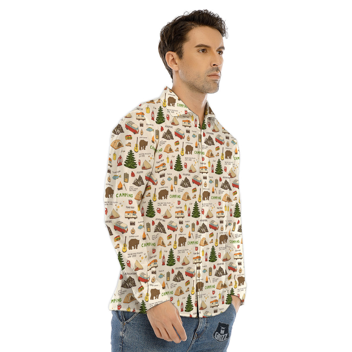 Camping Cartoon Print Pattern Men's Dress Shirts-grizzshop