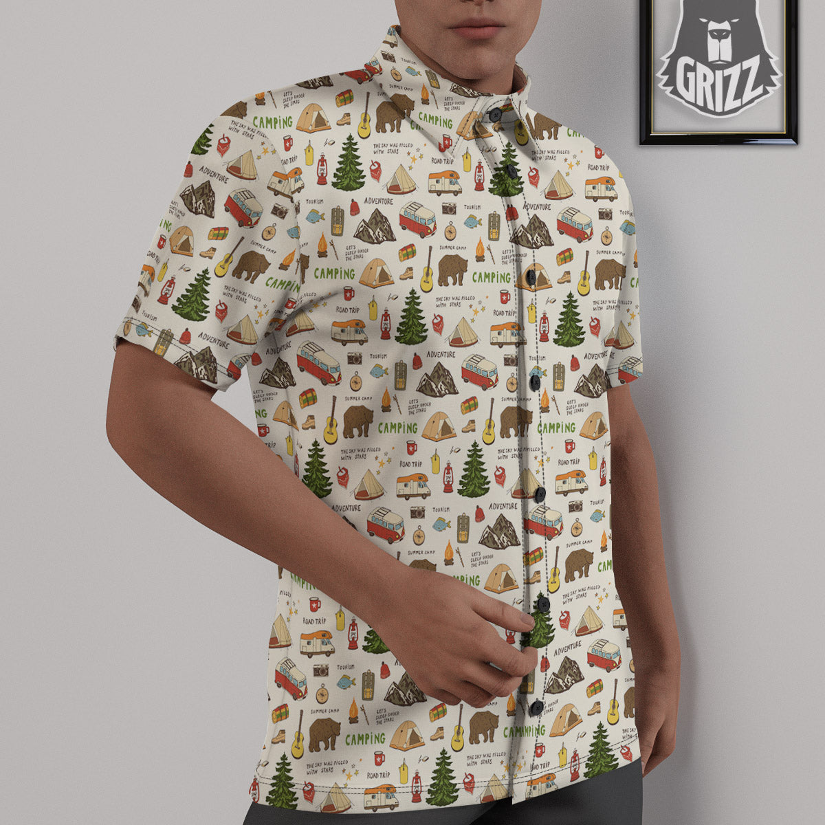 Camping Cartoon Print Pattern Untucked Shirts-grizzshop