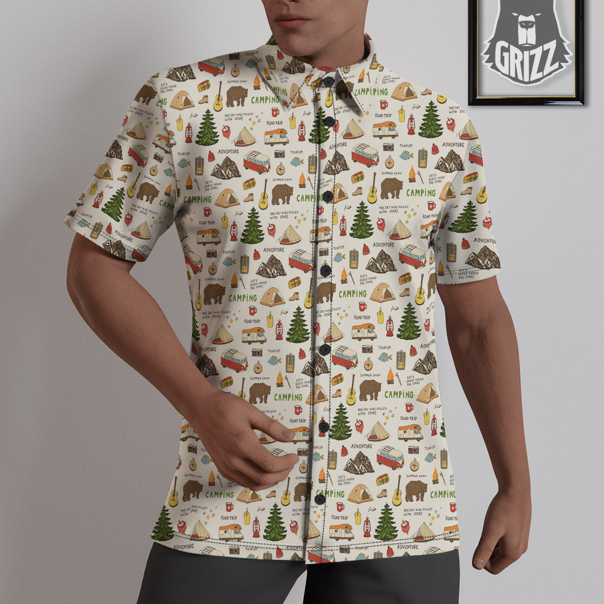 Camping Cartoon Print Pattern Untucked Shirts-grizzshop