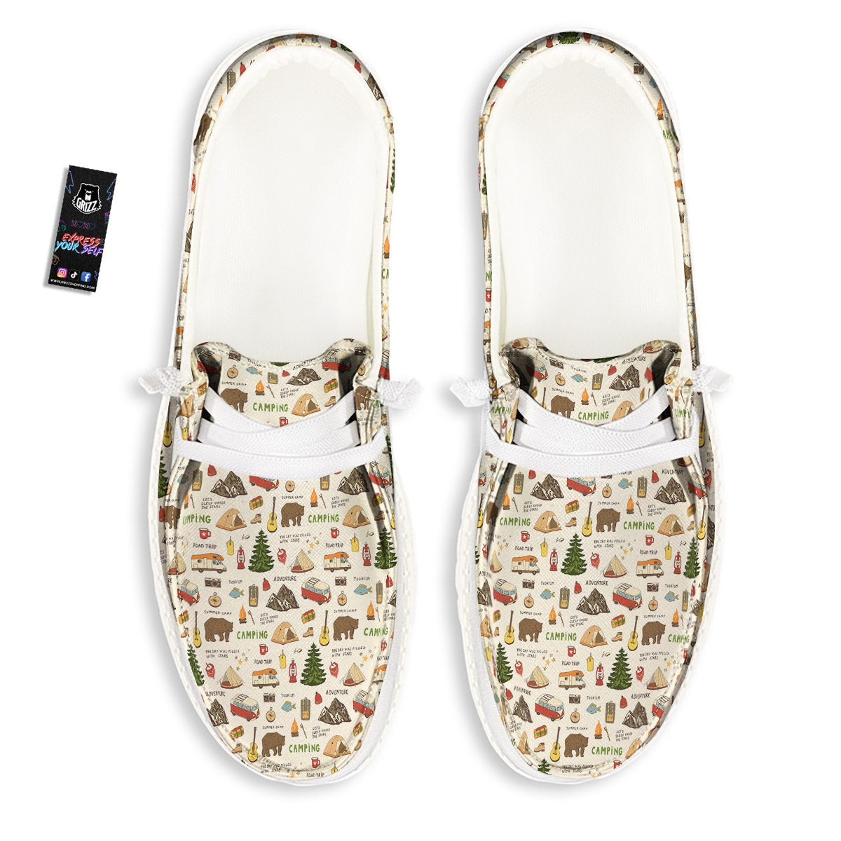 Camping Cartoon Print Pattern White Loafers-grizzshop