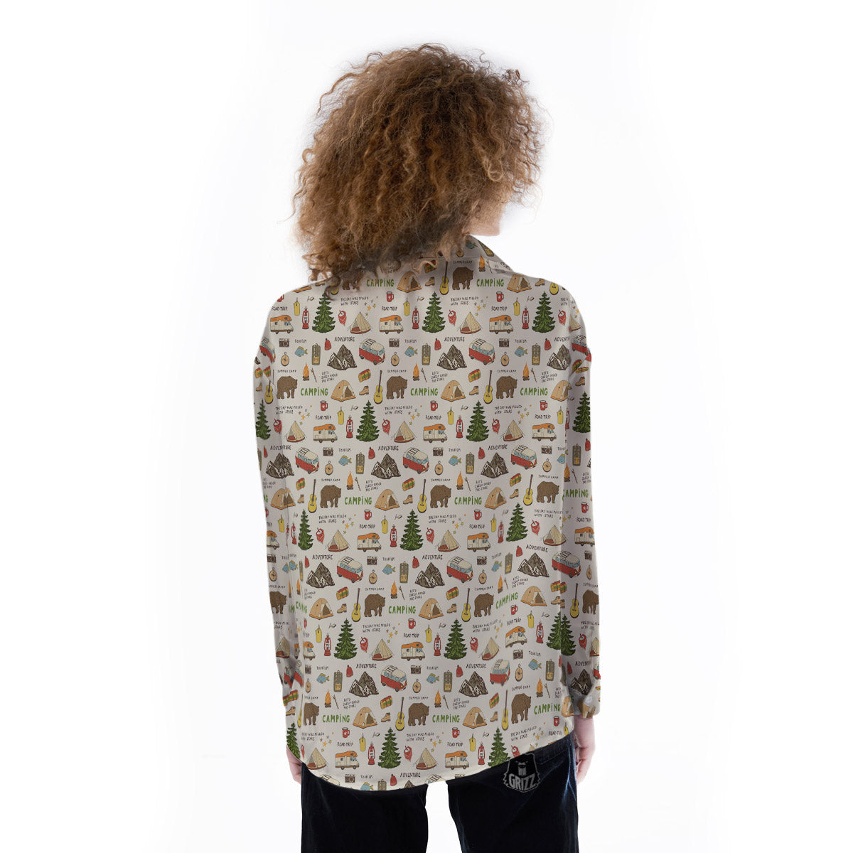 Camping Cartoon Print Pattern Women's Long Sleeve Shirts-grizzshop