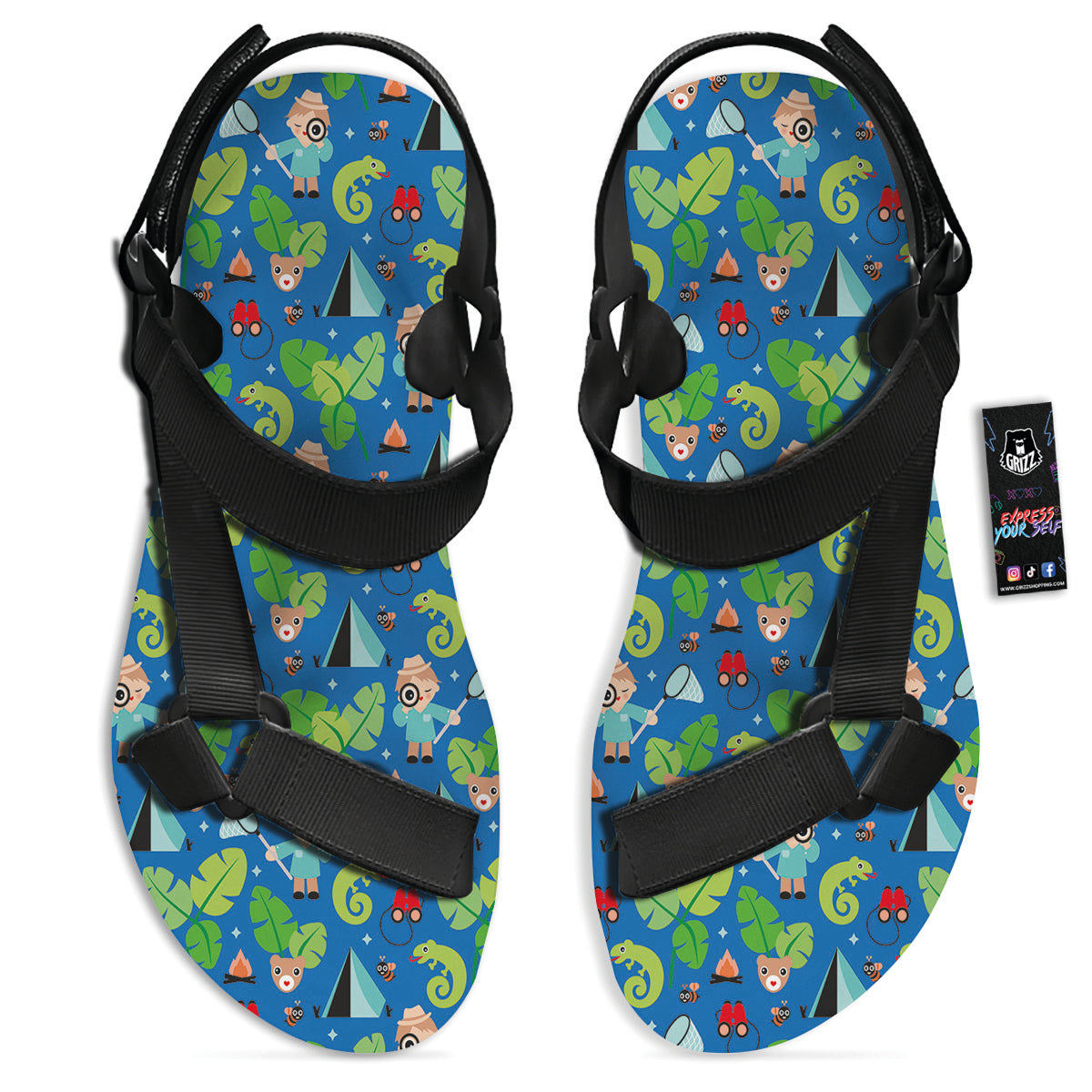 Camping Cute Print Pattern Black Open Toe Sandals-grizzshop