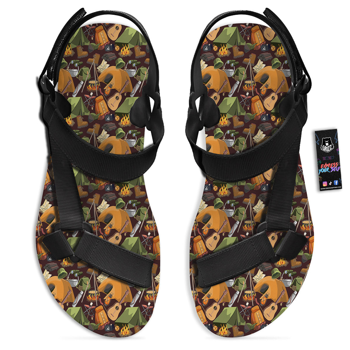 Camping Equipment Print Pattern Black Open Toe Sandals-grizzshop
