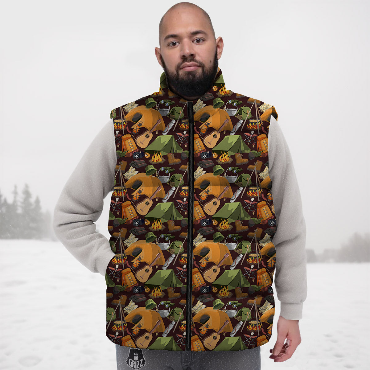 Camping Equipment Print Pattern Down Vest