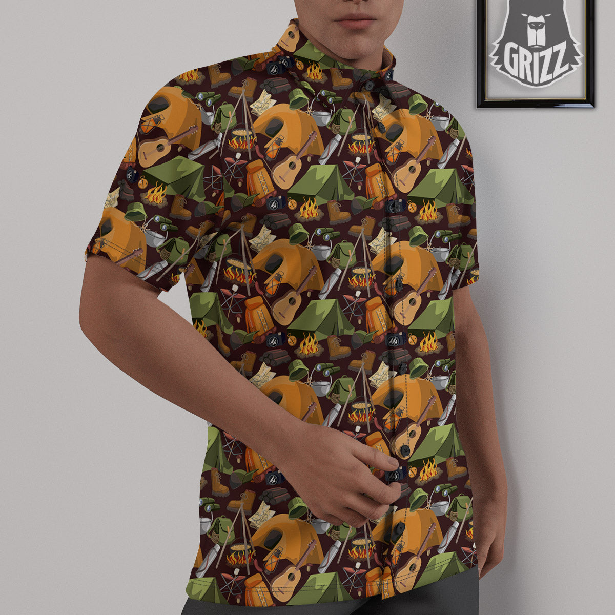 Camping Equipment Print Pattern Untucked Shirts-grizzshop