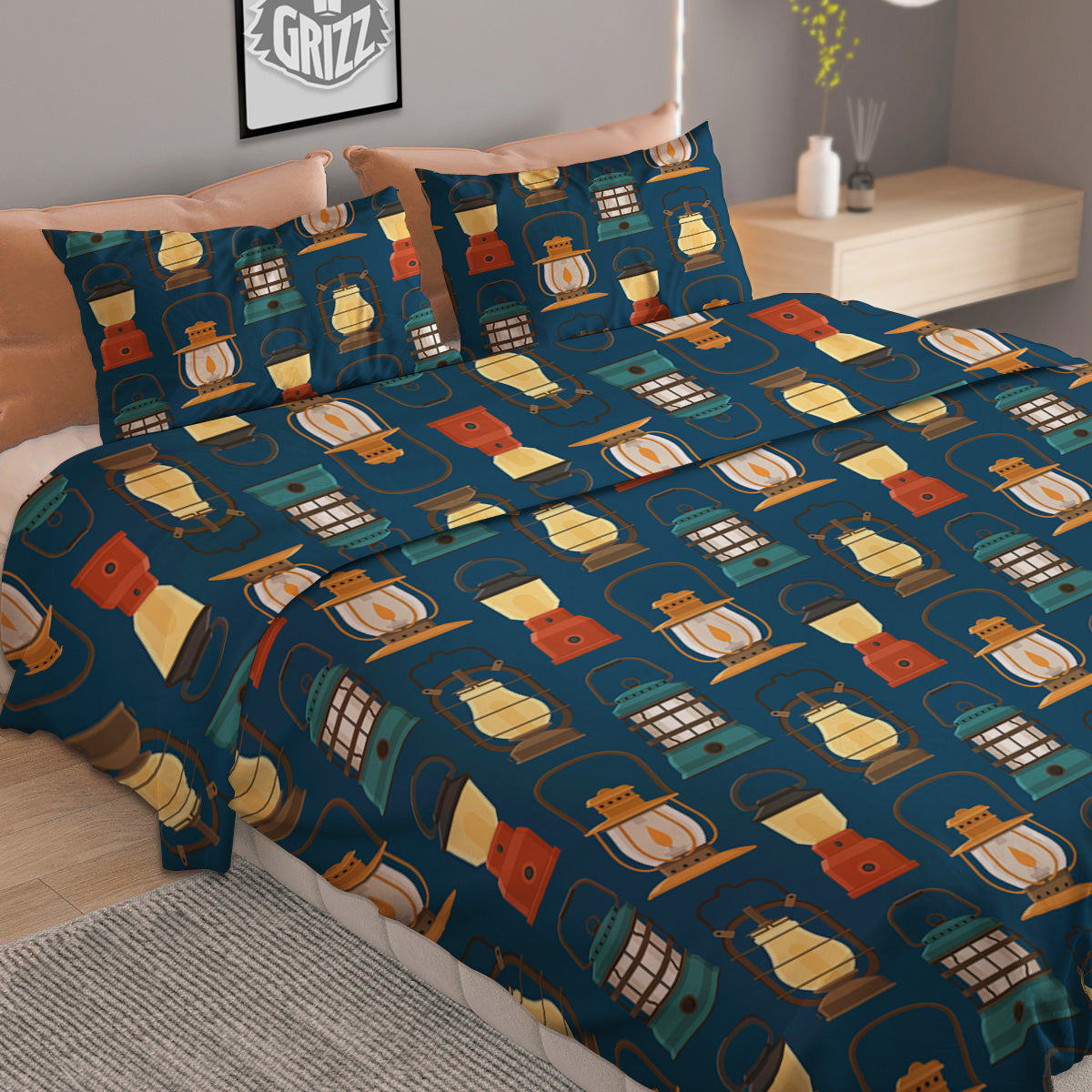 Camping Lantern Vintage Print Pattern Duvet Cover Bedding Set