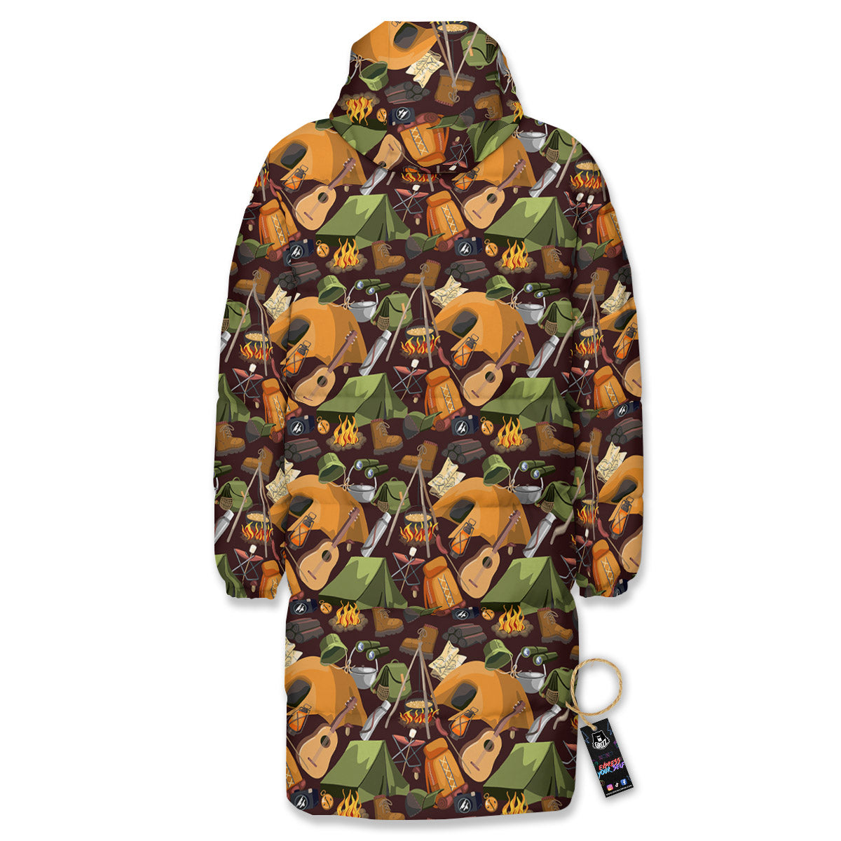 Camping Equipment Print Pattern Long Down Jacket