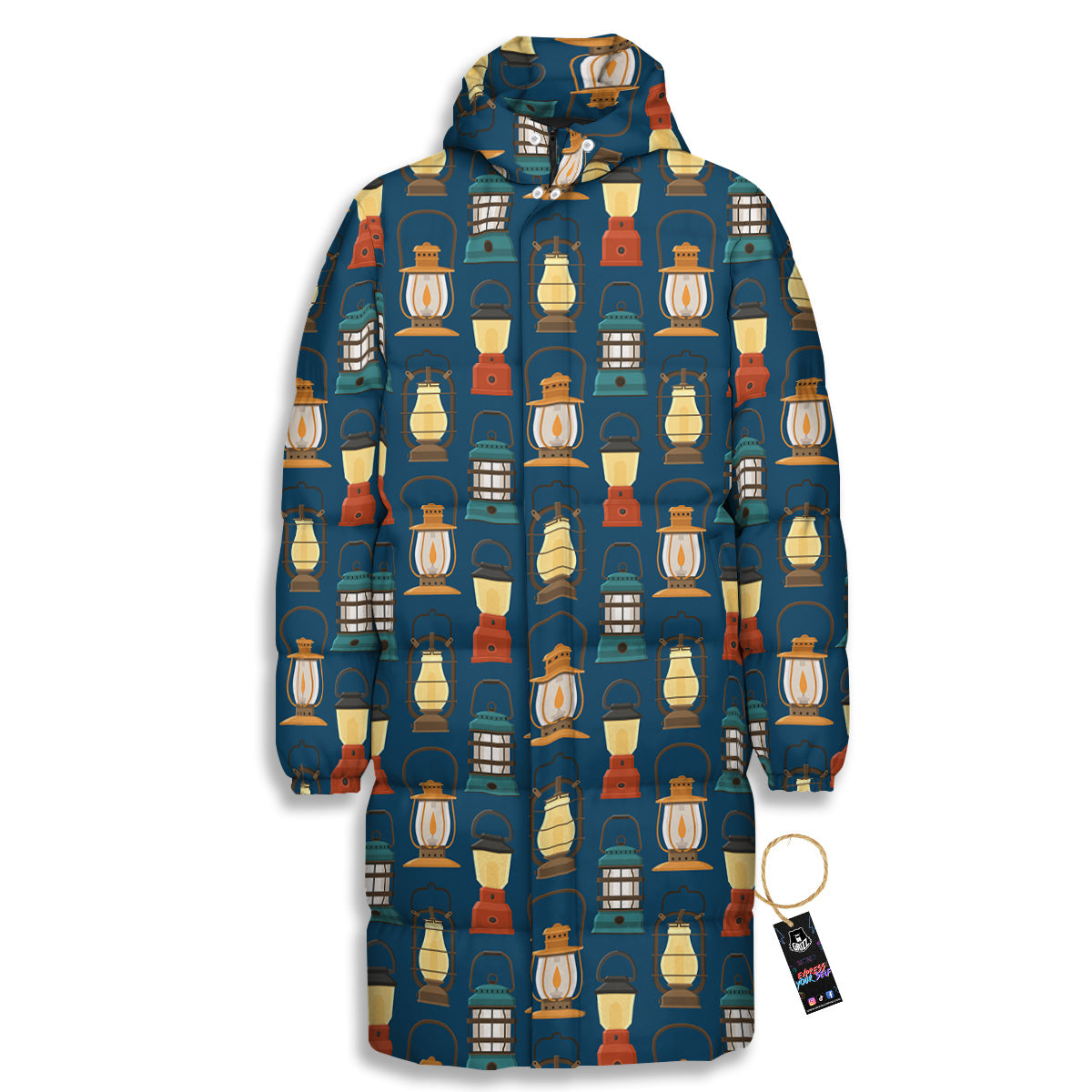 Camping Lantern Vintage Print Pattern Long Down Jacket
