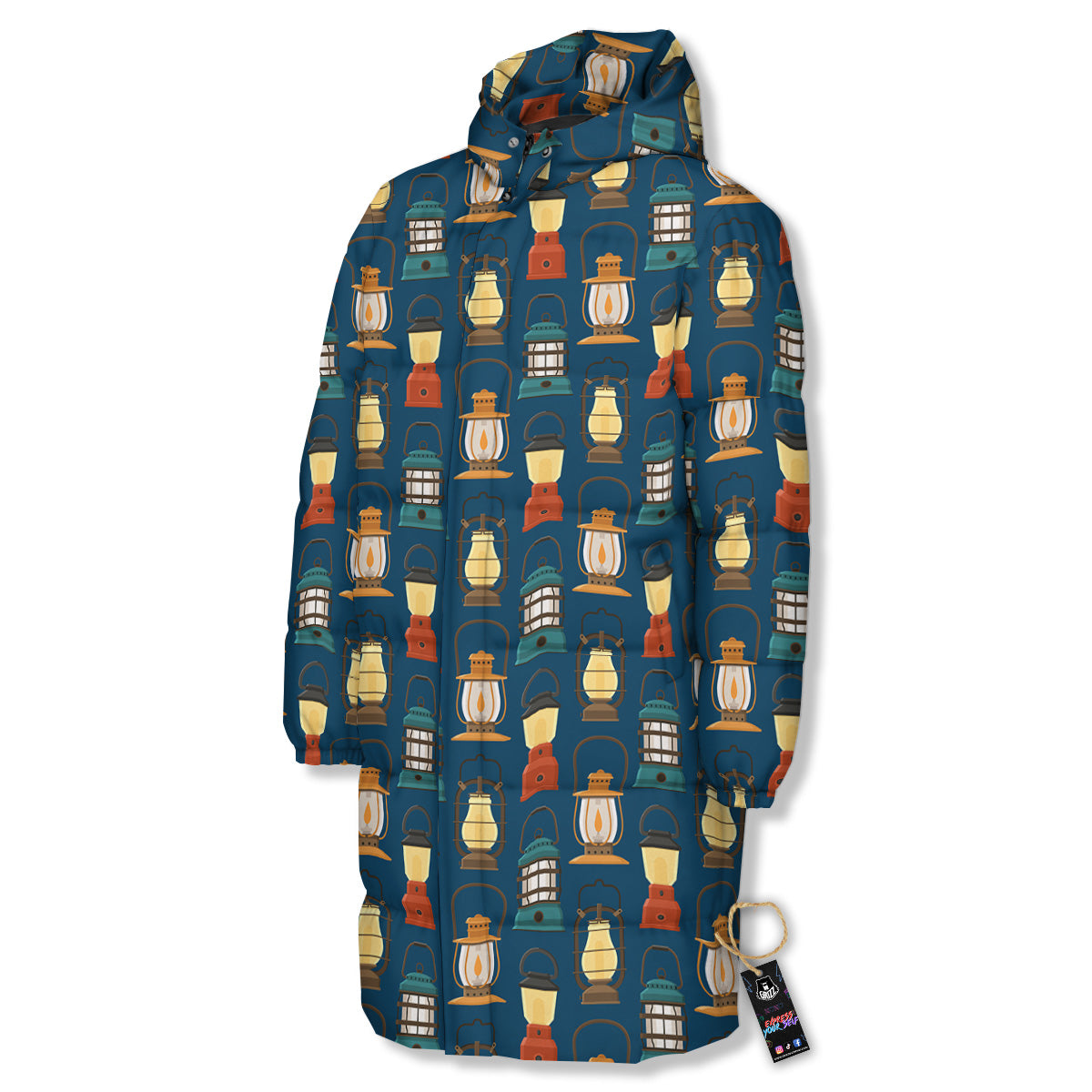 Camping Lantern Vintage Print Pattern Long Down Jacket