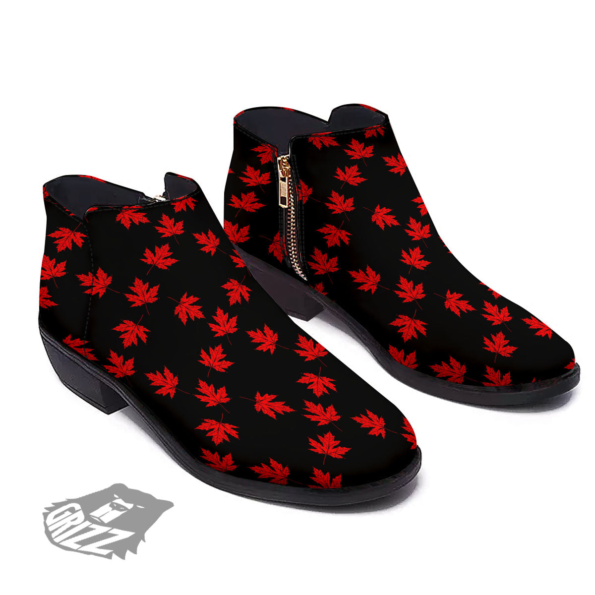 Canadian Maple Leaf Red And Black Print Ankle Boots-grizzshop