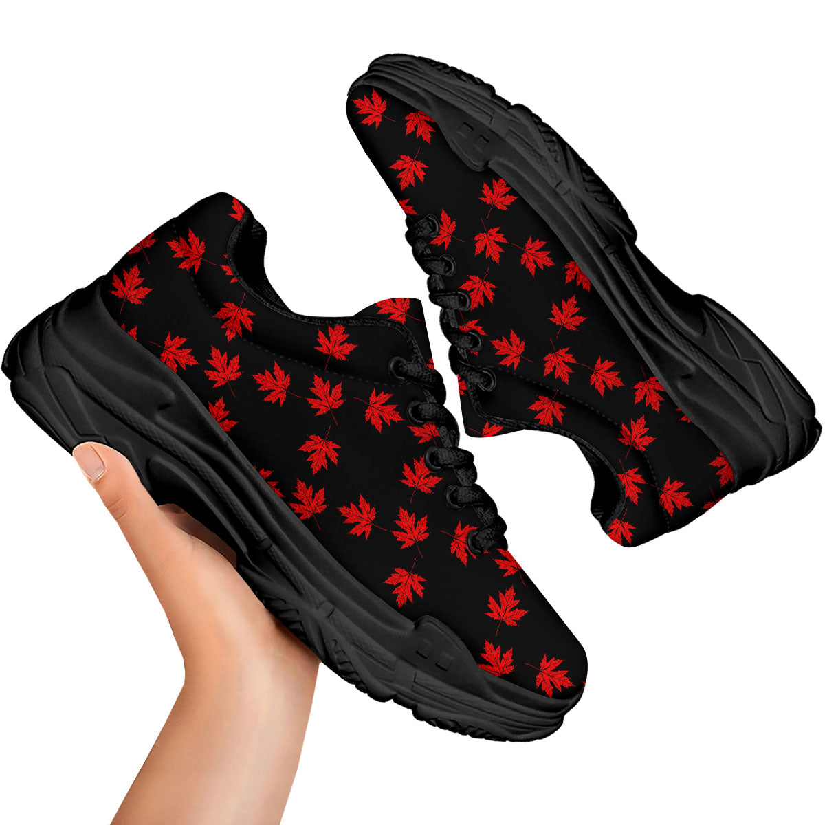Canadian Maple Leaf Red And Black Print Black Chunky Shoes-grizzshop