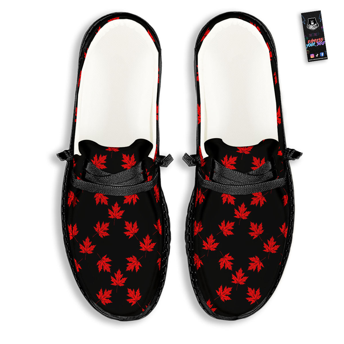 Canadian Maple Leaf Red And Black Print Black Loafers-grizzshop
