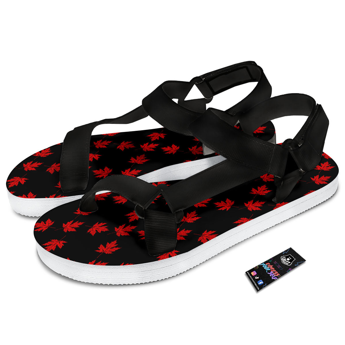 Canadian Maple Leaf Red And Black Print Black Open Toe Sandals-grizzshop