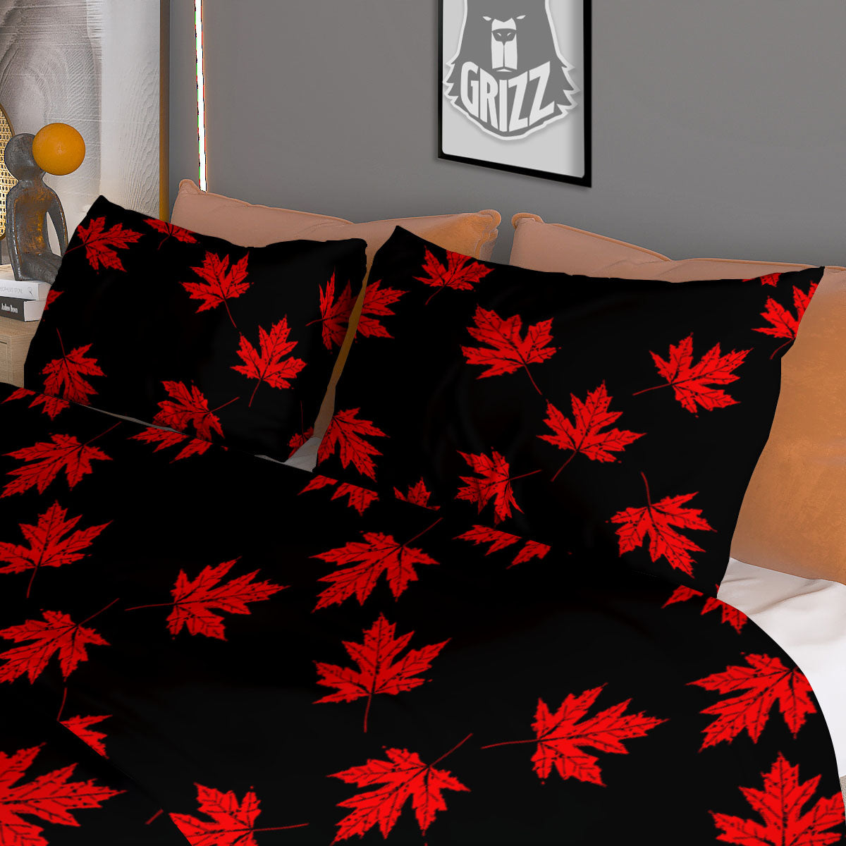 Canadian Maple Leaf Red And Black Print Duvet Cover Bedding Set