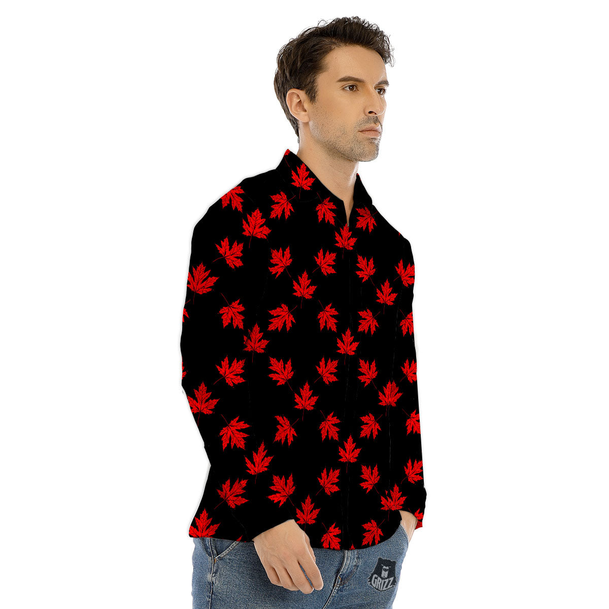 Canadian Maple Leaf Red And Black Print Men's Dress Shirts-grizzshop