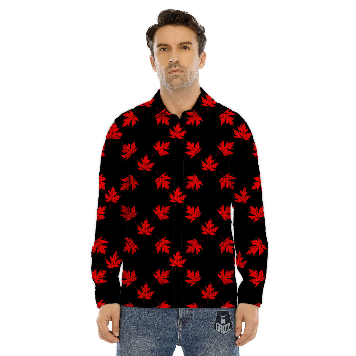 Canadian Maple Leaf Red And Black Print Men's Dress Shirts-grizzshop