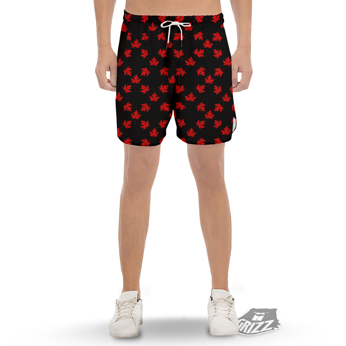 Canadian Maple Leaf Red And Black Print Men's Gym Shorts-grizzshop