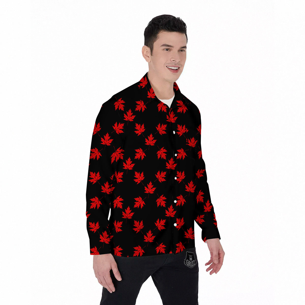 Canadian Maple Leaf Red And Black Print Men's Long Sleeve Shirts-grizzshop