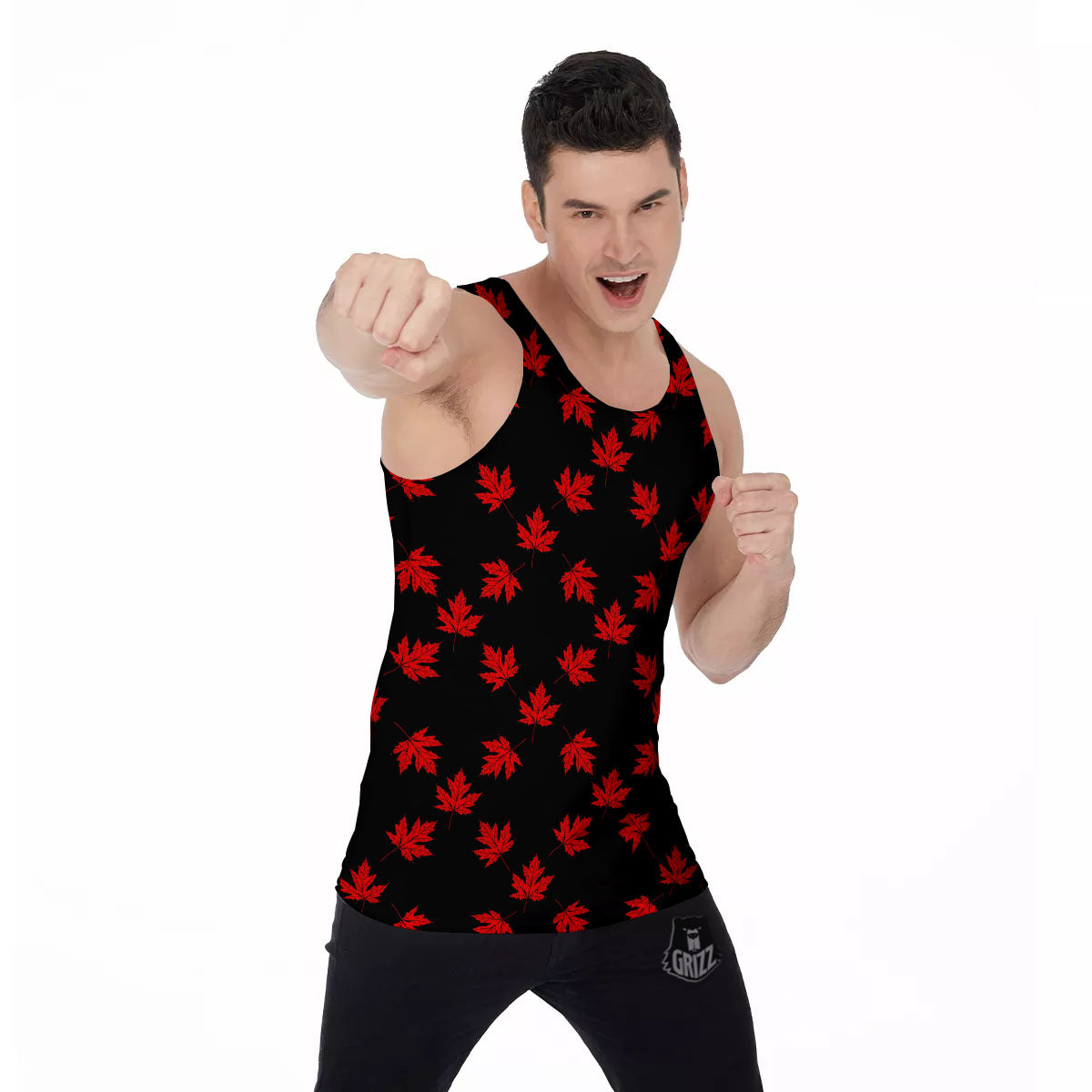Canadian Maple Leaf Red And Black Print Men's Tank Top-grizzshop