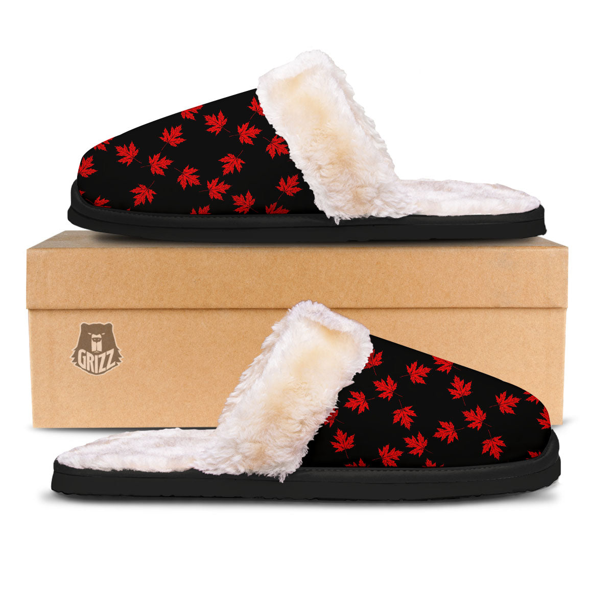 Canadian Maple Leaf Red And Black Print Slippers-grizzshop