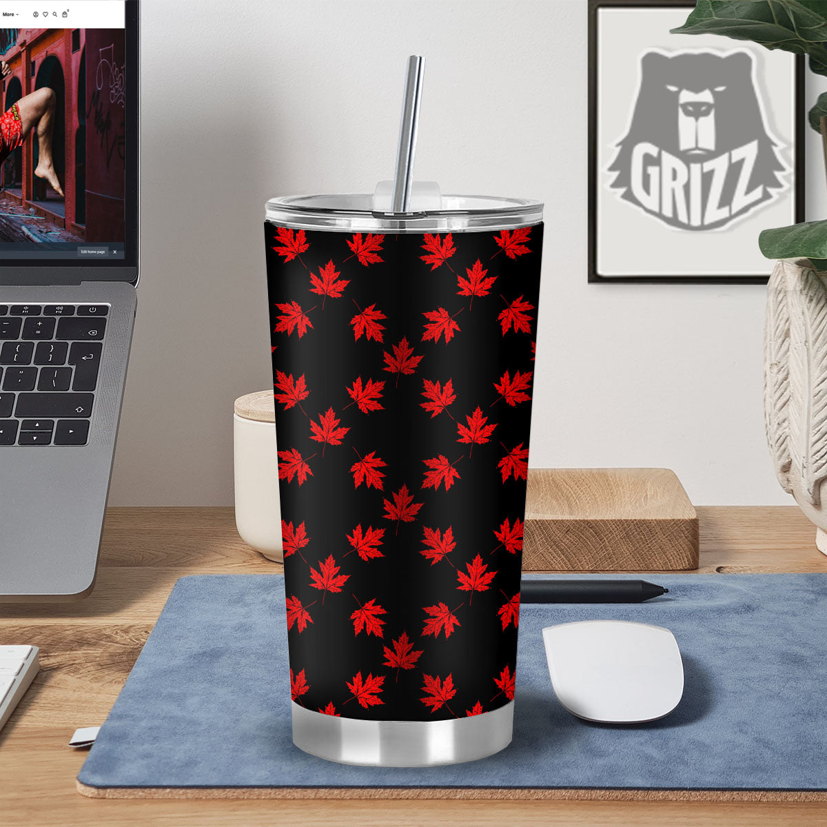 Canadian Maple Leaf Red And Black Print Tumbler-grizzshop