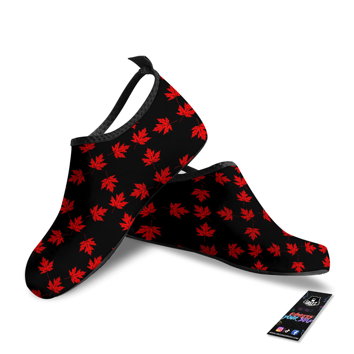 Canadian Maple Leaf Red And Black Print Water Shoes-grizzshop