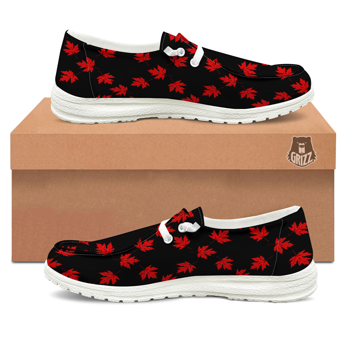 Canadian Maple Leaf Red And Black Print White Loafers-grizzshop