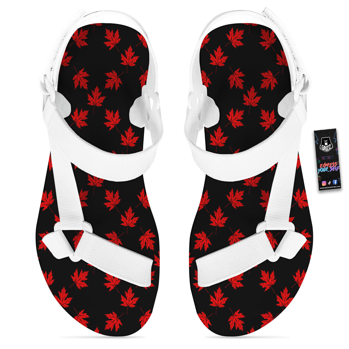 Canadian Maple Leaf Red And Black Print White Open Toe Sandals-grizzshop