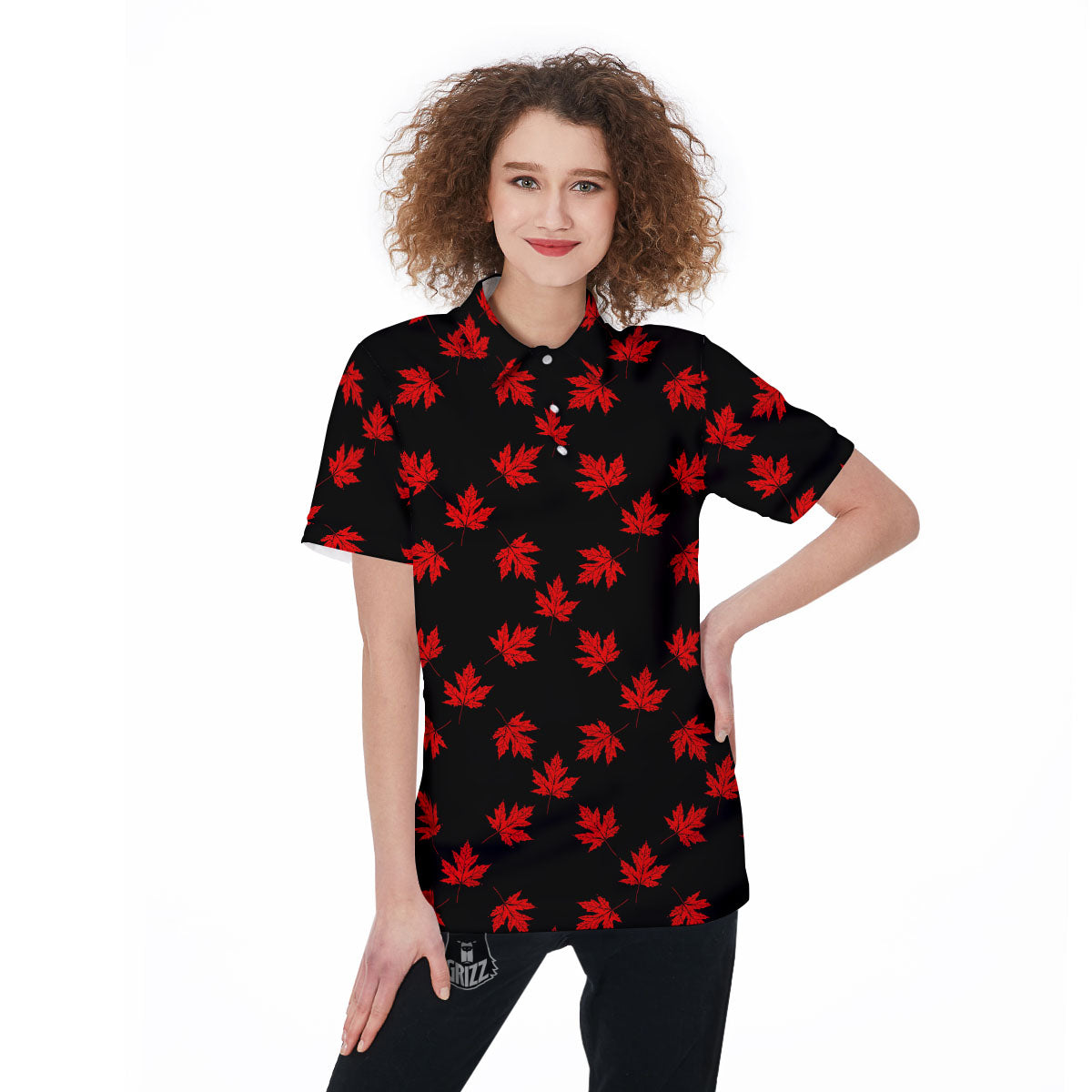 Canadian Maple Leaf Red And Black Print Women's Golf Shirts-grizzshop