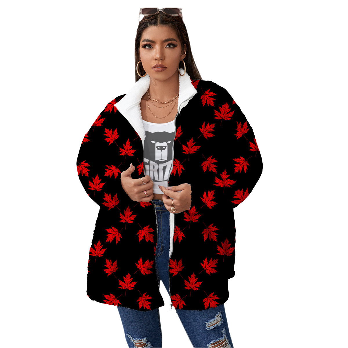 Canadian Maple Leaf Red And Black Print Women's Sherpa Jacket-grizzshop