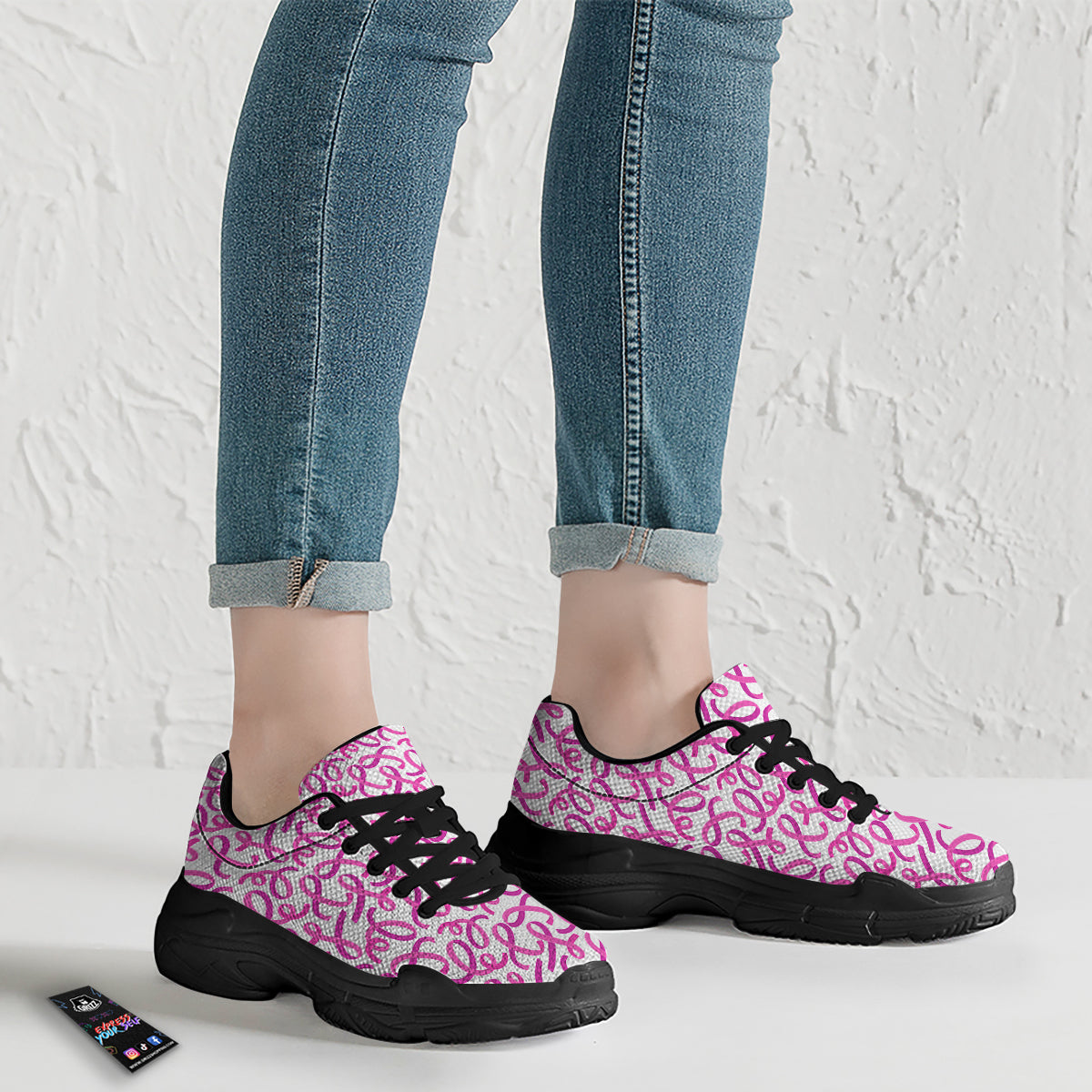 Cancer Awareness Print Pattern Black Chunky Shoes-grizzshop