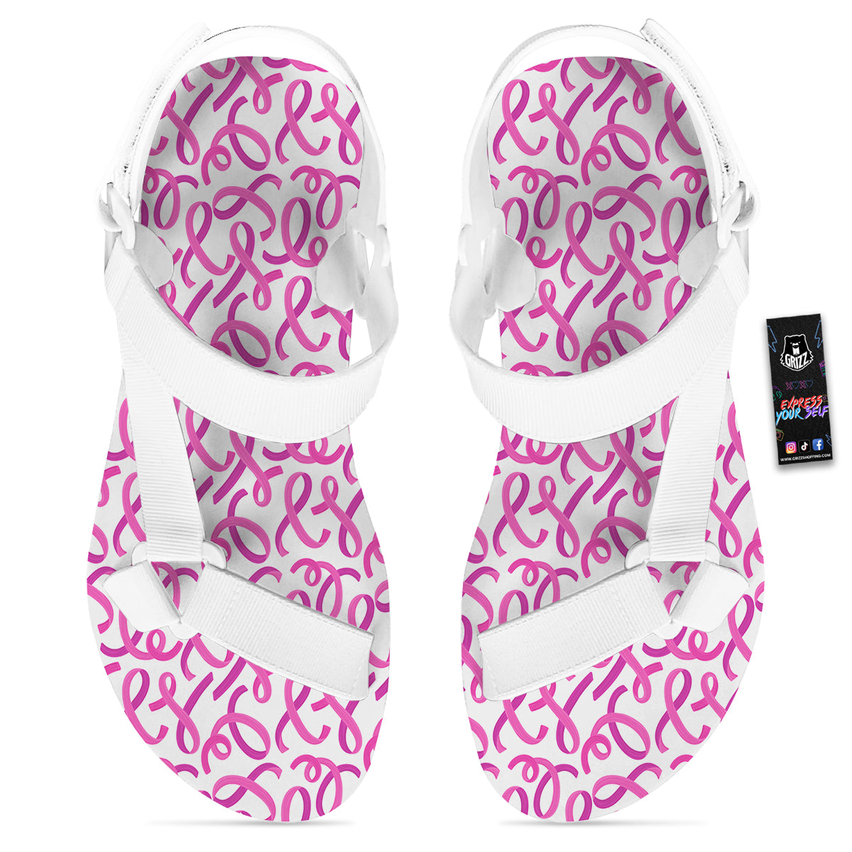 Cancer Awareness Print Pattern White Open Toe Sandals-grizzshop
