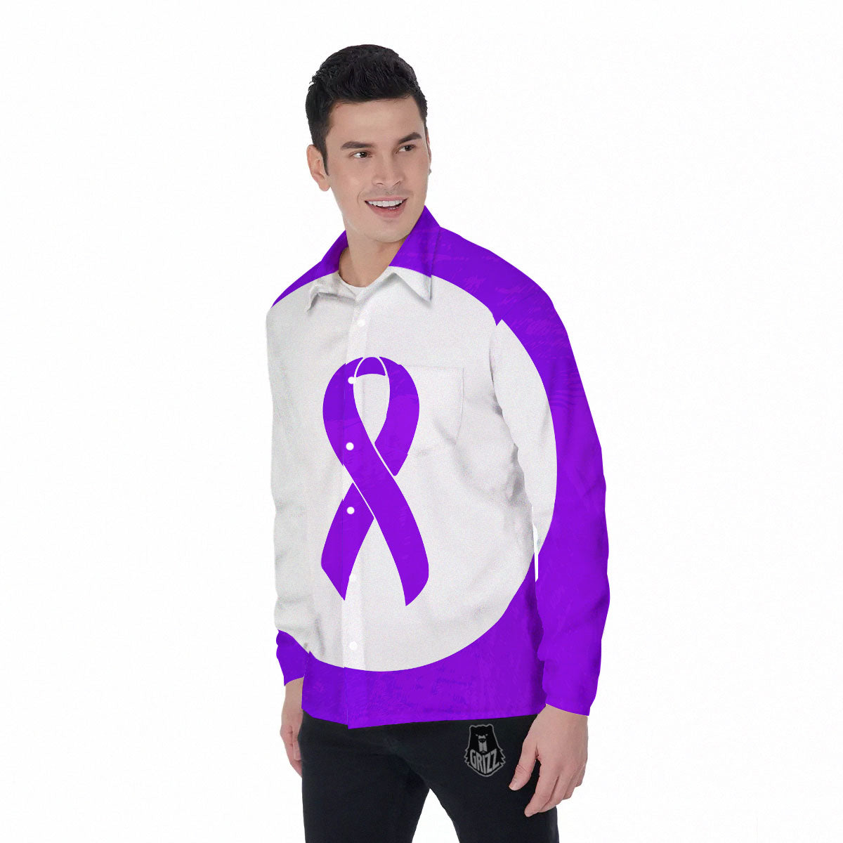 Cancer Awareness Ribbon Purple Print Men's Long Sleeve Shirts-grizzshop