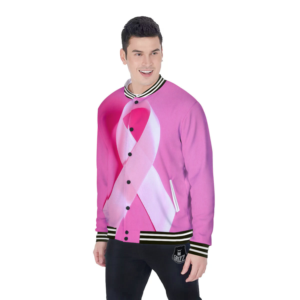 Cancer Breast Little Ribbon Print Baseball Jacket-grizzshop