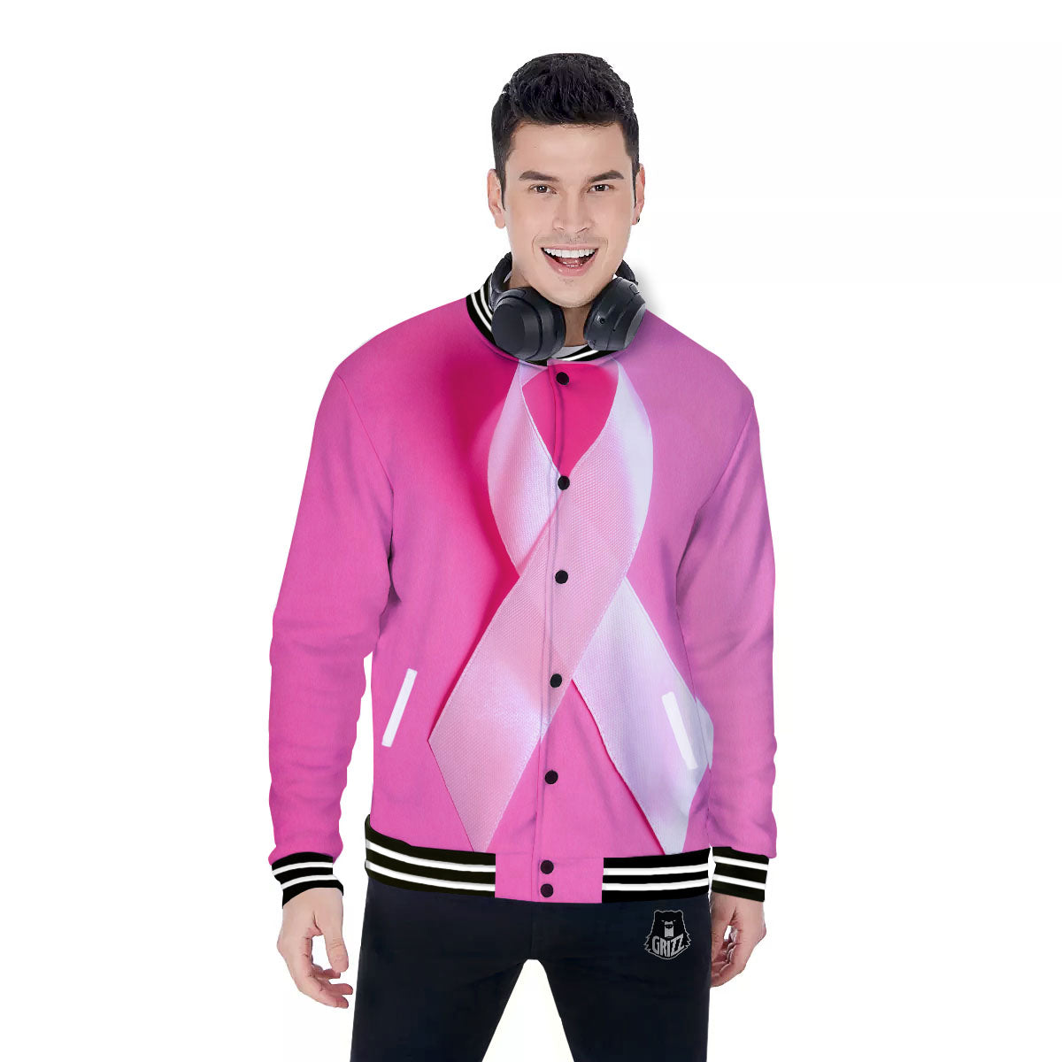 Cancer Breast Little Ribbon Print Baseball Jacket-grizzshop
