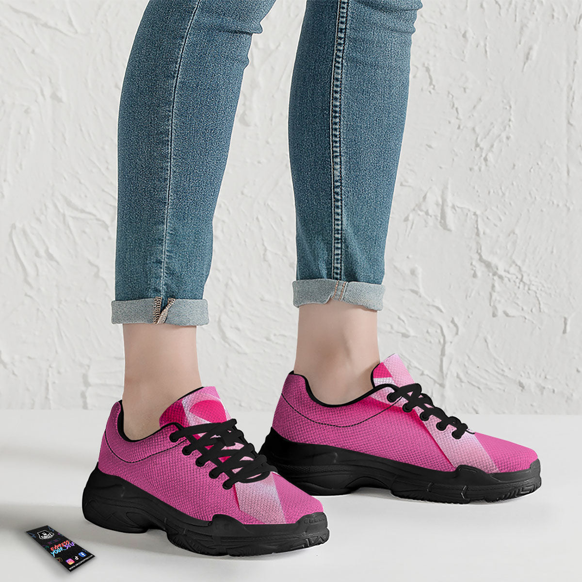 Cancer Breast Little Ribbon Print Black Chunky Shoes-grizzshop