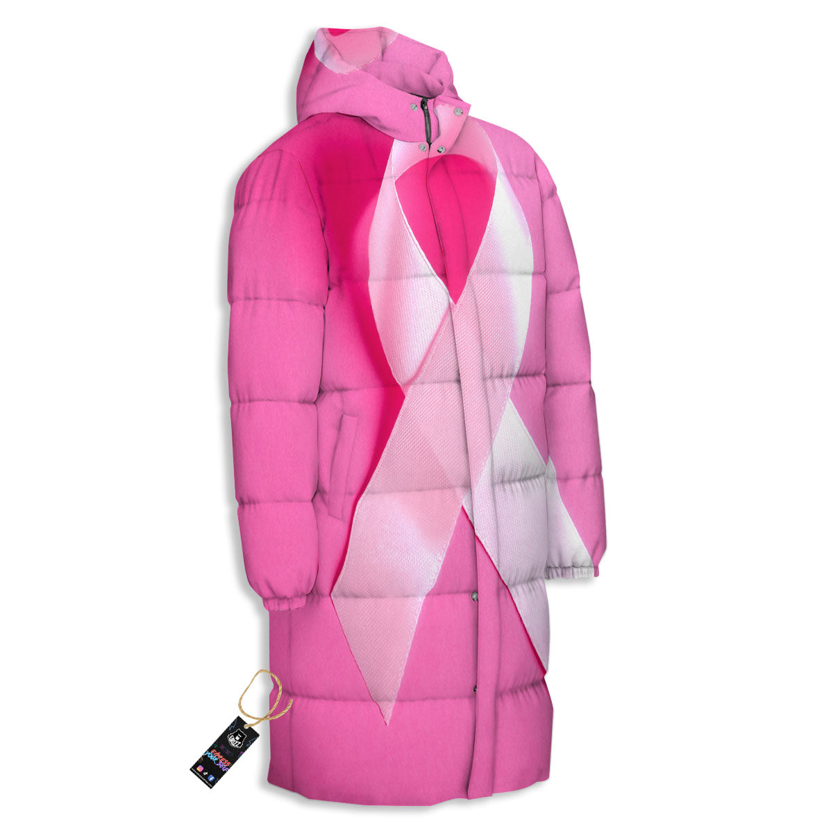 Cancer Breast Little Ribbon Print Long Down Jacket-grizzshop