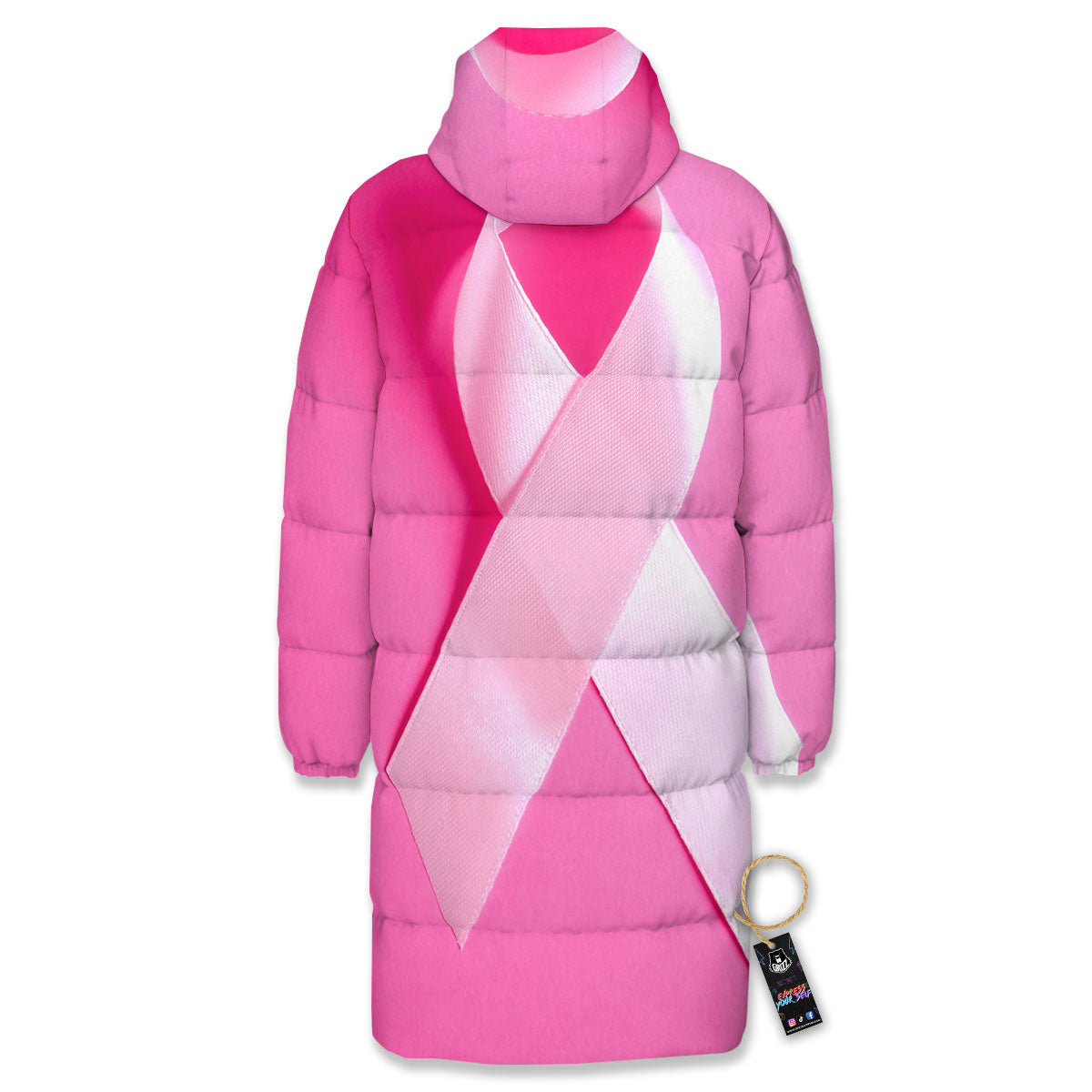 Cancer Breast Little Ribbon Print Long Down Jacket-grizzshop