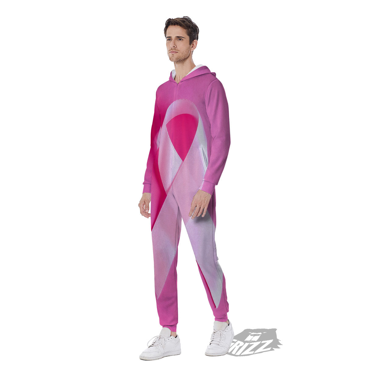 Cancer Breast Little Ribbon Print Men's Jumpsuit-grizzshop