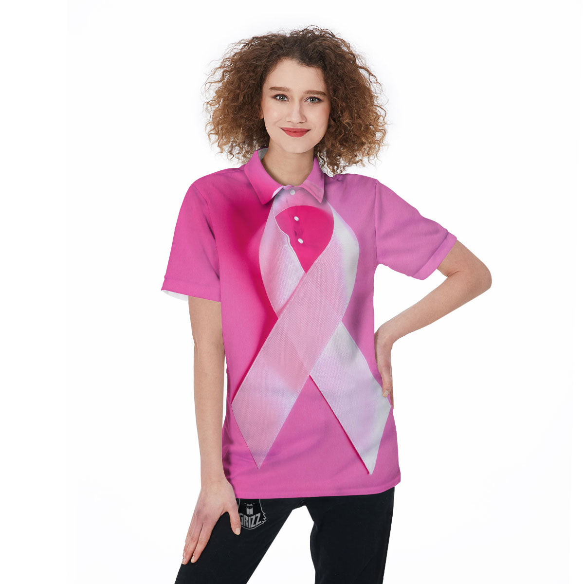 Cancer Breast Little Ribbon Print Women's Golf Shirts-grizzshop