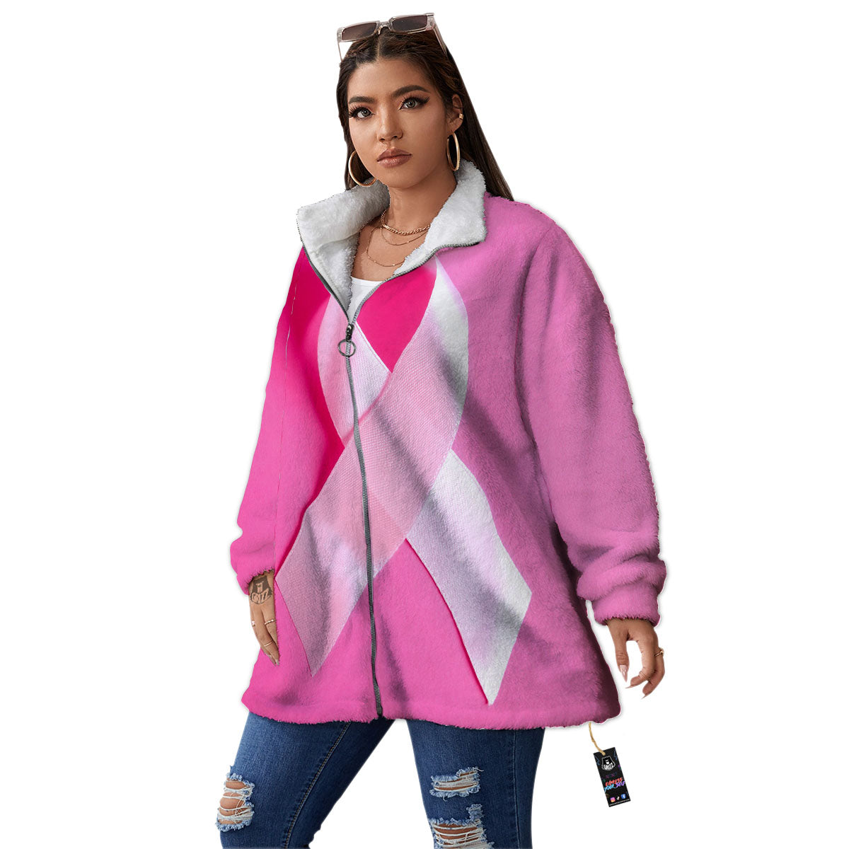 Cancer Breast Little Ribbon Print Women's Sherpa Jacket-grizzshop