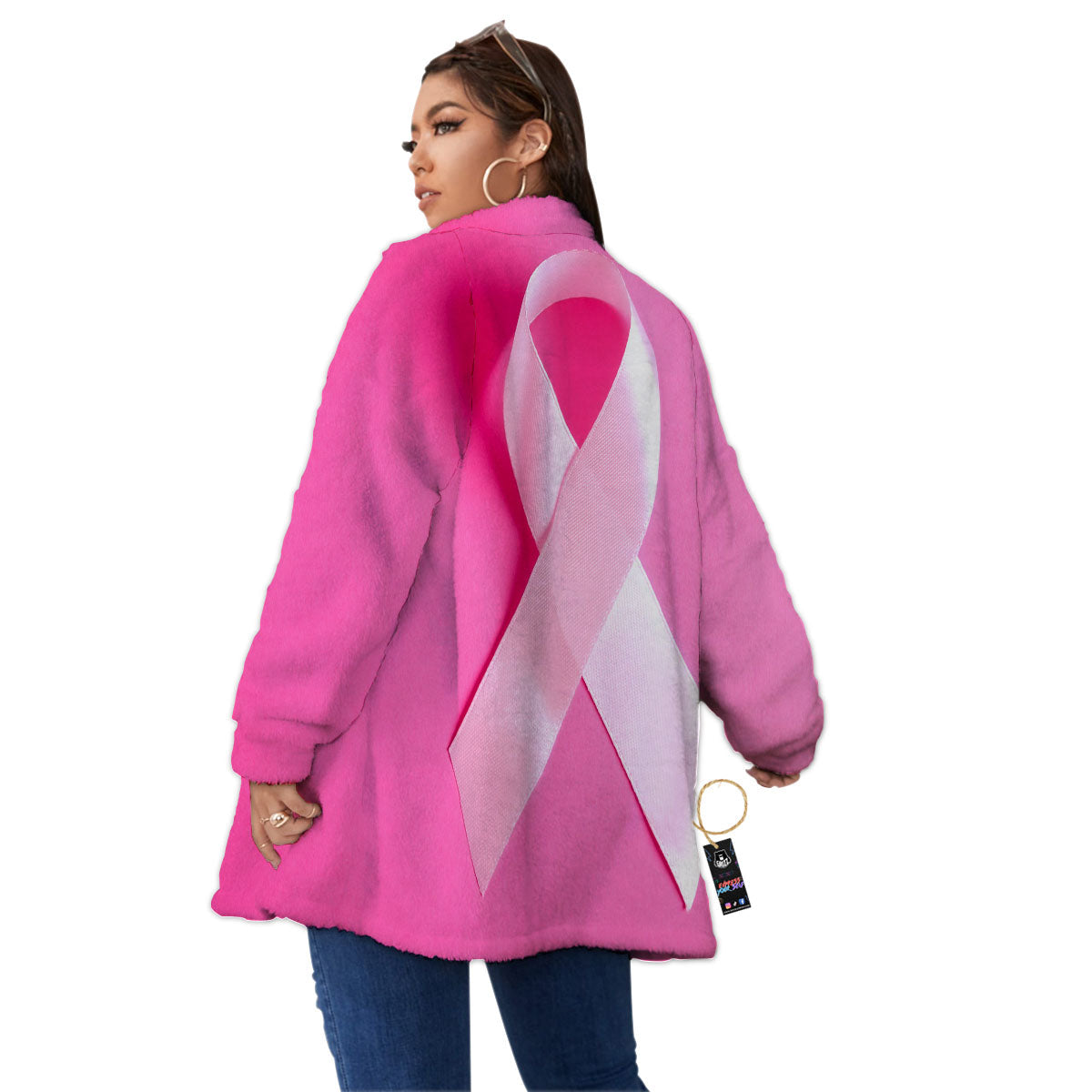 Cancer Breast Little Ribbon Print Women's Sherpa Jacket-grizzshop