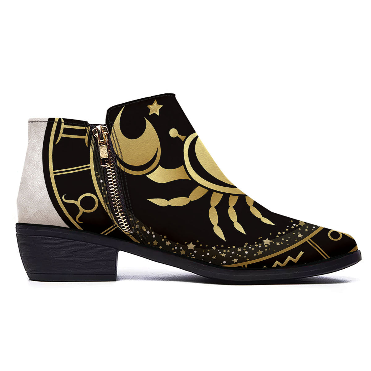 Cancer Sign Black And Gold Print Ankle Boots-grizzshop